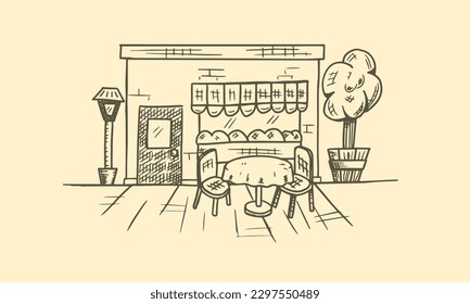 una tabla de cafés exterior dibujada a mano esboza ilustración vectorial.