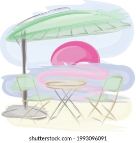 Outdoor cafe with a table on the beach, abstract drawing with watercolor effect