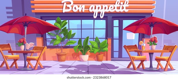 Outdoor cafe terrace with table cartoon vector. City street restaurant patio in summer scene. Bistro building facade design with chair and umbrella furniture on sidewalk. Urban veranda with parasol