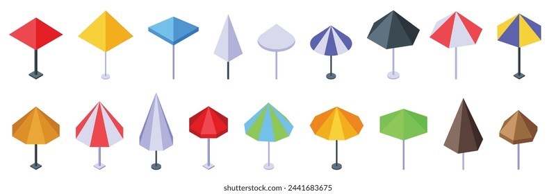 Outdoor cafe umbrella icons set isometric vector. Restaurant design. Food catering