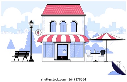 Outdoor cafe with umbrella in the park.  Flat line cartoon vector illustration. Park with outside cafe in urban cityscape.