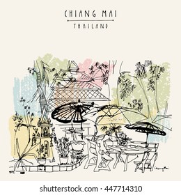 Outdoor cafe with umbrellas in Chiang Mai, Thailand, Southeast Asia. Hand drawing. Vintage artwork. Travel sketch. Book illustration, touristic postcard or poster in vector