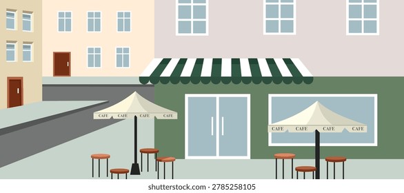 Outdoor cafe with umbrellas and stools on a city street. Urban Outdoor Coffee Shop. Street Side Cafe Seating. City Cafe Patio with Tables and Umbrellas