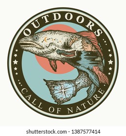 Outdoor. Call of nature slogan. Symbol of tourism and travel. Salmon double exposure 