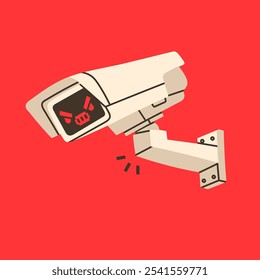 Outdoor Camera with angry face emotion. Hand drawn Vector illustration. Home security camera, CCTV, secure, safety, spy, monitoring, surveillance concept. Isolated design element