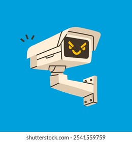 Outdoor Camera with evil face emotion. Hand drawn Vector illustration. Home security camera, CCTV, secure, safety, spy, monitoring, surveillance concept. Isolated design element