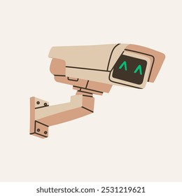 Cámara al aire libre con la emoción de la cara. Ilustración vectorial dibujada a mano. Cámara de seguridad para el hogar, CCTV, seguro, seguridad, espía, monitoreo, concepto de vigilancia. Elemento de diseño aislado
