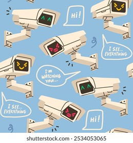 Outdoor Camera with face emotion set, speech bubbles. Hand drawn Vector illustration. Home security camera, CCTV, secure, safety, spy, monitoring, surveillance concept. Square seamless Pattern