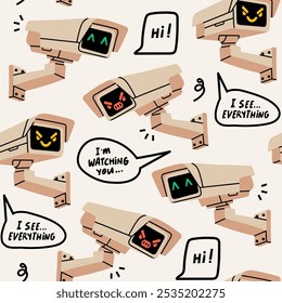 Outdoor Camera with face emotions, speech bubbles. Hand drawn Vector illustration. Home security camera, CCTV, secure, safety, spy, monitoring, surveillance concept. Square seamless Pattern