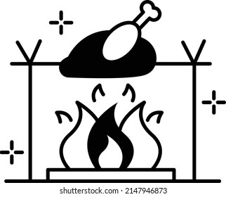 Outdoor Camp Bonfire Vector line Icon Design, American culture and traditions Symbol, United States Social Sign, US Arts and literature Stock illustration, Campfire Smoked Rotisserie Chicken Concept