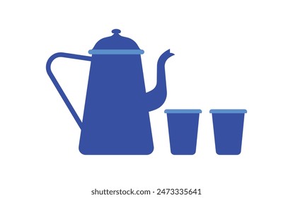 Outdoor camp coffee pot with cups. Blue enameled dish ware set, minimalist illustration, isolated on white.