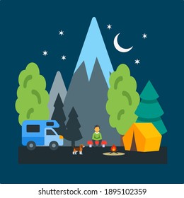 Outdoor-Camp-Wohnung-Konzept-Icon Design mit Bergen Moon-Stars Bäume Wohnwagen Person sitzend vor Lagerfeuer und Zelt und Hund stehend