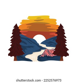 Plantilla del logotipo del campamento al aire libre antes de que llegue la noche. Ilustración del vector