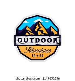 Outdoor camp and mountains logotype, outdoor adventures modern colorful badge with rocky shape, clouds and wooden textured place for texts