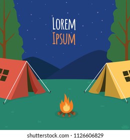 Outdoor Camp Night Background with two Tent and Camp fire