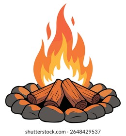 Outdoor campfire with burning wood logs isolated vector illustration on white background