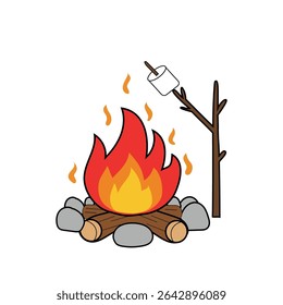 Outdoor campfire flames. Burning wood logs. Wilderness heating source. Vector nature light.