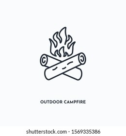 Outdoor campfire outline icon. Simple linear element illustration. Isolated line Outdoor campfire icon on white background. Thin stroke sign can be used for web, mobile and UI.