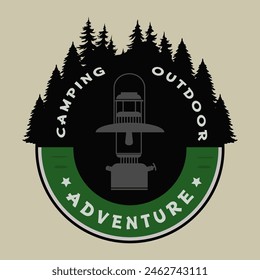 
The Outdoor Camping Adventure logo is in the shape of a circle in the middle of which there is a Petromax lamp complete with trees