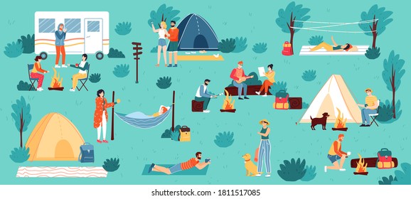 Outdoor camping. Adventure travel, hiking and nature camping, male and female tourists enjoy summertime outdoor activities vector illustration. People having rest, taking picture, lying in hammock