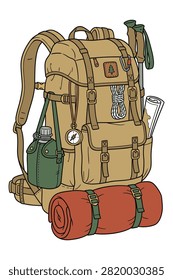 Outdoor camping backpack, sleeping bag, compass, water canteen, and hiking poles. Travel gear.