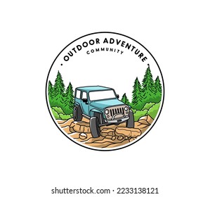 Outdoor camping badges ilustration, outdoor stickers design with monoline style