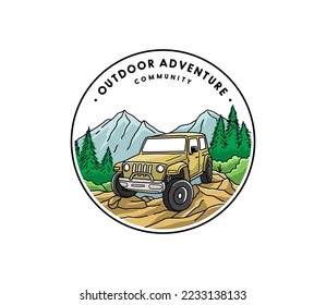 Outdoor camping badges ilustration, outdoor stickers design with monoline style