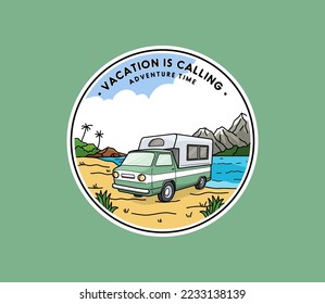 Outdoor camping badges ilustration, outdoor stickers design with monoline style