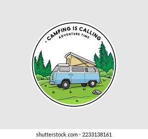 Outdoor camping badges ilustration, outdoor stickers design with monoline style