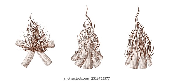 Outdoor camping bonfire collection. Fire flames and wooden logs on hand drawn style. Vector isolated texture illustration