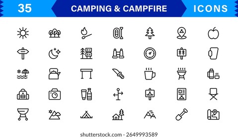 Outdoor Camping and Campfire Icons in Modern Line Style for Adventure, Exploration, Nature Travel