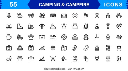 Outdoor Camping and Campfire Icons in Modern Line Style for Adventure, Exploration, Nature Travel