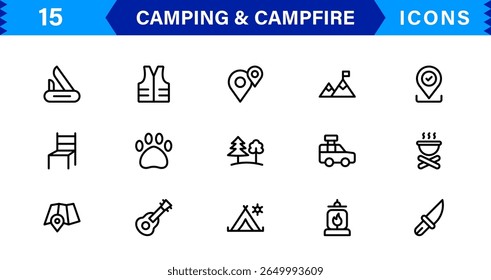 Outdoor Camping and Campfire Icons in Modern Line Style for Adventure, Exploration, Nature Travel