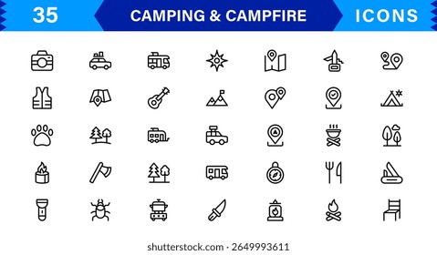 Outdoor Camping and Campfire Icons in Modern Line Style for Adventure, Exploration, Nature Travel