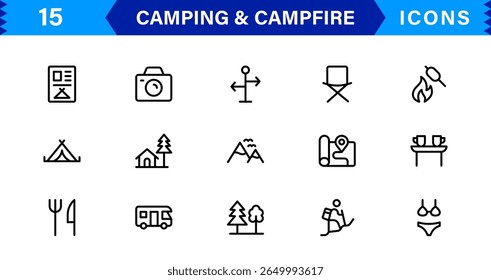Outdoor Camping and Campfire Icons in Modern Line Style for Adventure, Exploration, Nature Travel