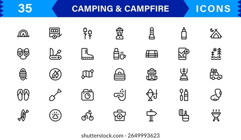 Outdoor Camping and Campfire Icons in Modern Line Style for Adventure, Exploration, Nature Travel