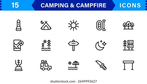 Outdoor Camping and Campfire Icons in Modern Line Style for Adventure, Exploration, Nature Travel