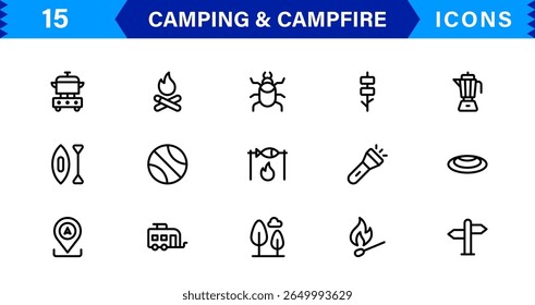 Outdoor Camping and Campfire Icons in Modern Line Style for Adventure, Exploration, Nature Travel