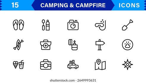 Outdoor Camping and Campfire Icons in Modern Line Style for Adventure, Exploration, Nature Travel