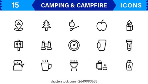 Outdoor Camping and Campfire Icons in Modern Line Style for Adventure, Exploration, Nature Travel