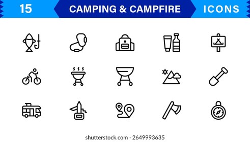 Outdoor Camping and Campfire Icons in Modern Line Style for Adventure, Exploration, Nature Travel