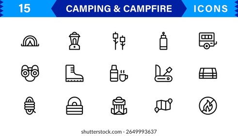 Outdoor Camping and Campfire Icons in Modern Line Style for Adventure, Exploration, Nature Travel
