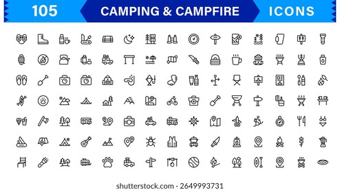 Outdoor Camping and Campfire Icons in Modern Line Style for Adventure, Exploration, Nature Travel