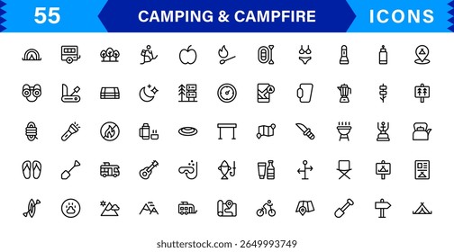 Outdoor Camping and Campfire Icons in Modern Line Style for Adventure, Exploration, Nature Travel