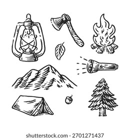 conjunto de elementos de acampamento exterior desenhado à mão