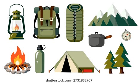 Outdoor-Camping-Ausrüstung Sammlung im flachen Vektorstil. Ideal für Reisen, Wandern, Abenteuerdesigns, Websites, Apps, Poster und redaktionelle Illustrationen.