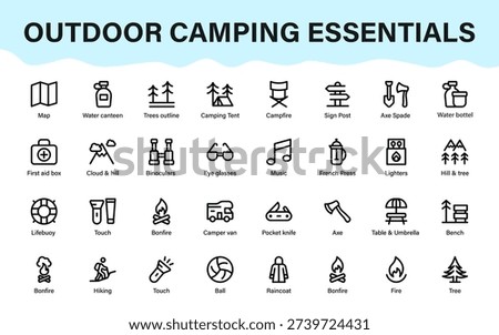 Outdoor camping essentials icon set with campfire, tent, hiking, survival gear, nature tools, adventure travel and wilderness symbols