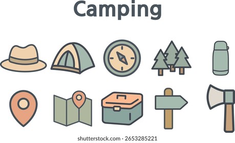 Conjunto de ícones ilustrados do Outdoor Camping Essentials