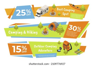 Outdoor camping and hiking adventure advertising banner collection vector flat illustration. Promotion horizontal poster sale discount active backpacking camp vacation summer nature travel isolated