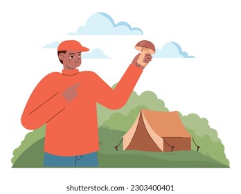 Outdoor camping and hiking. Character spending time in nature. Happy traveler foraging mushrooms. Summertime scenery with a tent. Flat vector illustration